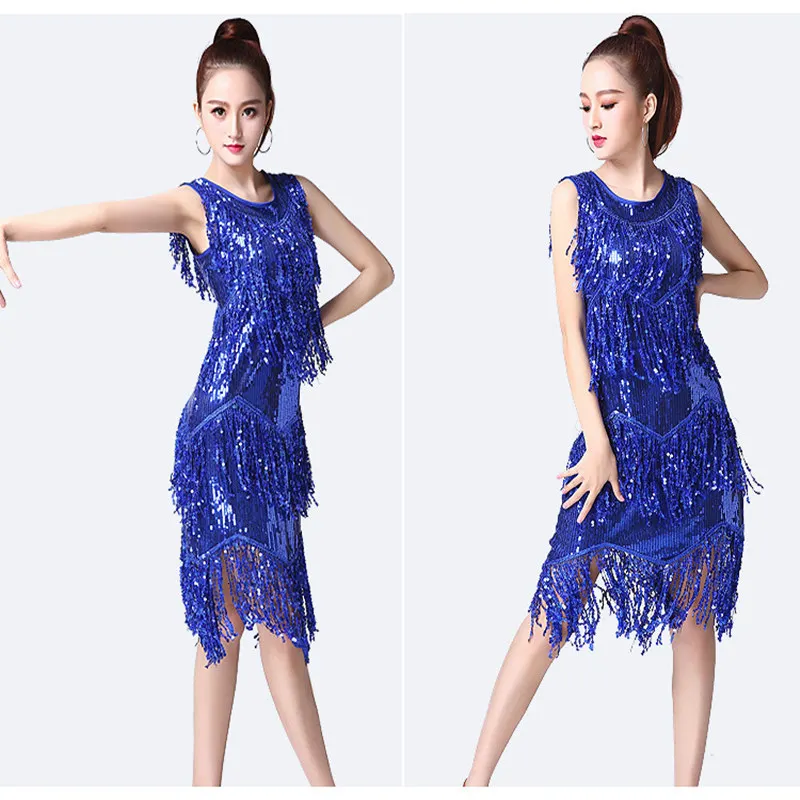 Sexy Sequins Latin Dance Practice Competition Dress Classical Sleeveless Costume Line Ballroom Jazz Tassel Wear Vestidos