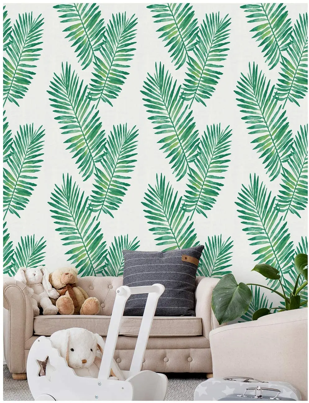 HaoHome Tropical Palm Peel and Stick Wallpaper Removable Green White Vinyl Self Adhesive Wallcoverings for Living Room