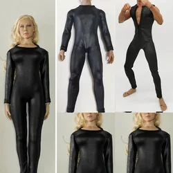1/6 Women/Men Solider Faux Leather Jumpsuits Black Tight Cloth Bodysuit For 12