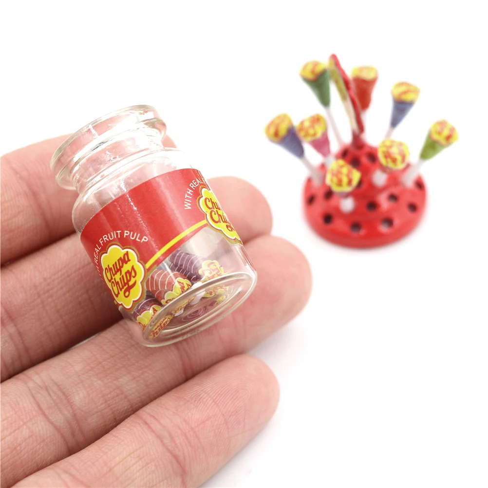 Miniatur Makanan Makanan Penutup Gula Mini Lolipop dengan Kasus Pemegang Permen untuk Rumah Boneka 1/12 Dapur Furnitur Mainan Aksesori 1:12