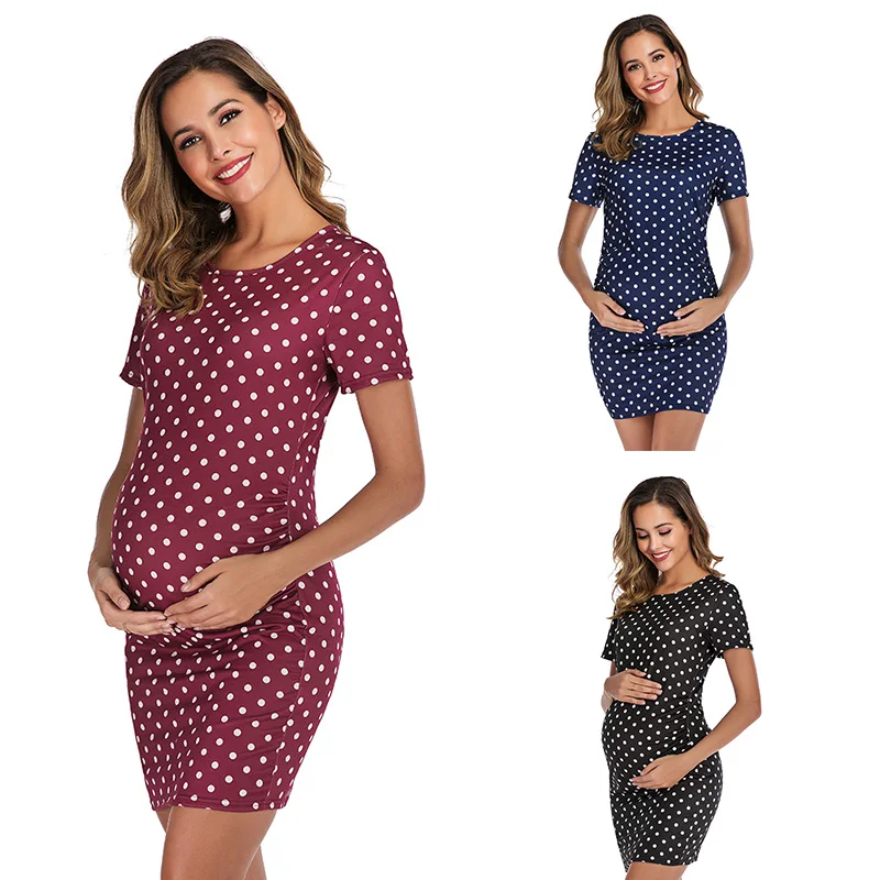 

2022 New Summer Vintage Maternity Dress O-Neck Elegant Sexy Short Dress Dot Print Dresses for Pregnancy Clothes 3 Colors