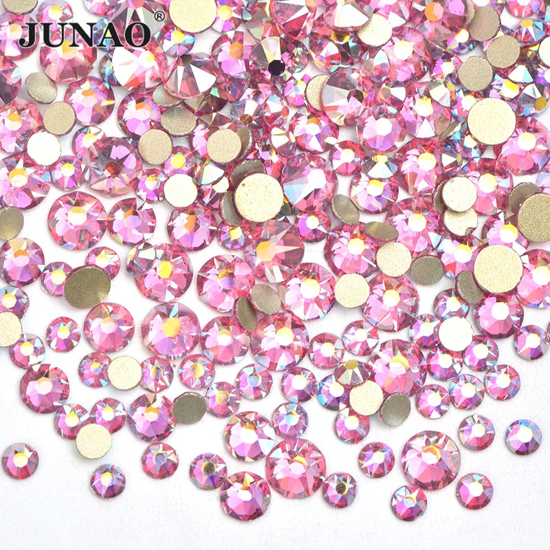 JUNAO 16 Cut Facet SS10 SS16 SS20 Mix Size Rose AB Glitter Round Glass Nail Rhinestone Flatback Glass Stones Nail Art Decoration