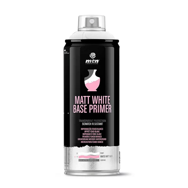 Spray paint brand MTN PRO primer white background 400 ml very fast drying resistant outdoor high adhesion