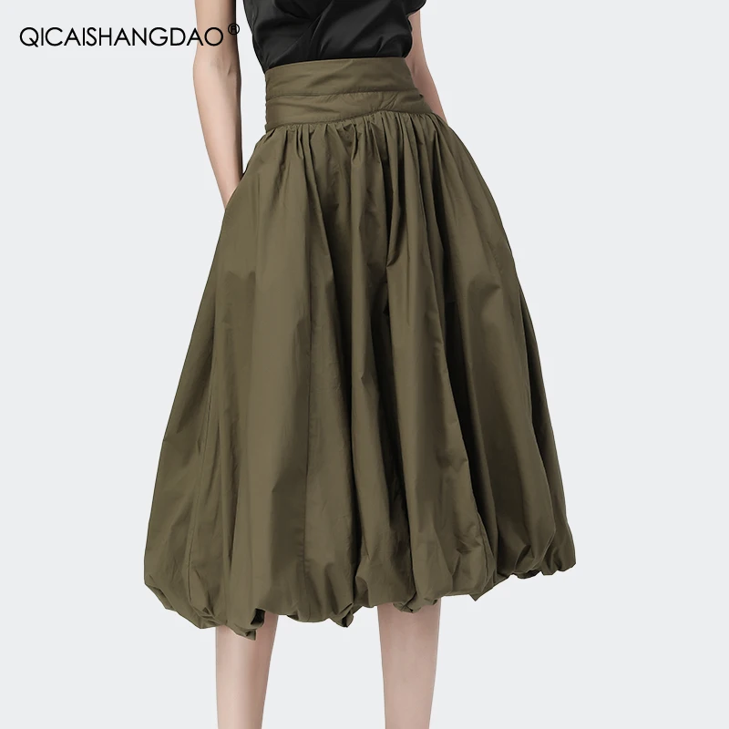 100% Cotton Army Green Pleated Skirts Fashion Spring Summer Women New Loose Elastic Waist A-Line Casual Long Ball Gown Skirts