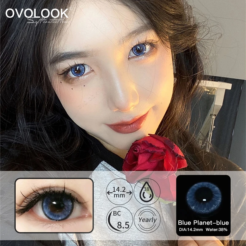 OVOLOOK-2pcs/pair Blue Lenses Naturl Pupil Colored Lenses for Eyes Beauty Contact Lenses Eye Color Lens for Myopia Yearly 14.2mm