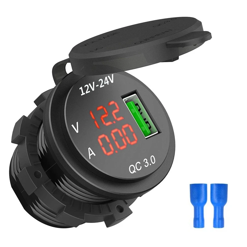 12V / 24V Fast Charging 3.0 Car Cigarette Lighter Socket Usb Charger Led Voltmeter Ammeter Black & Red