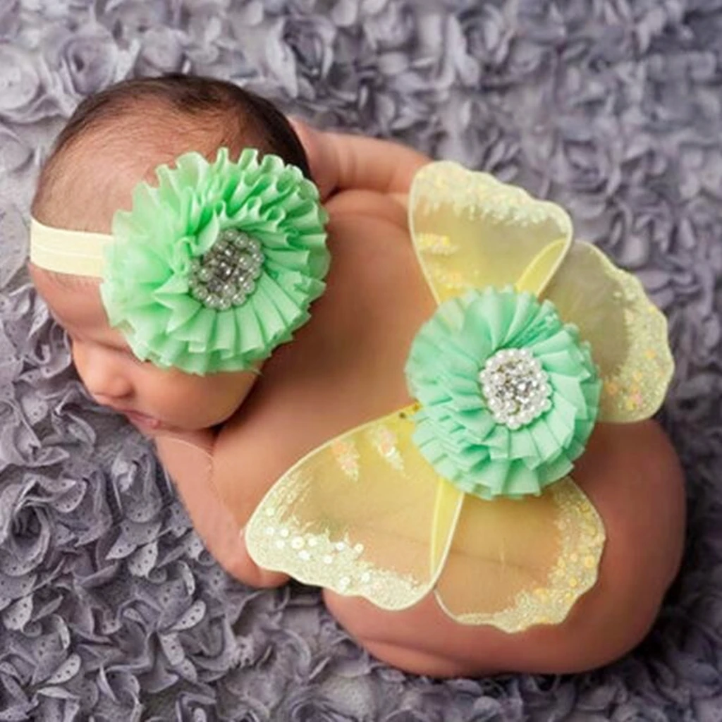 Newborn Photography Props Cute Butterfly wings+Big Flower Diamond Baby Headdress Studio Babies Shooting Photo Prop Accessories