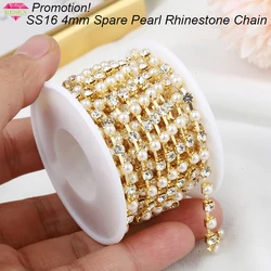 RESEN Promotion!4mm ABS Pearl Rhinestone Chain Sparse Crystal Diamond Gold Cup Chain Apparel Sewing Rhinestone Pearl Chain Trim