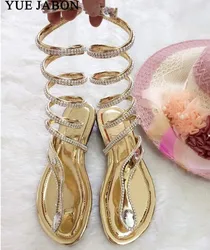 Plus size34-46 Summer women sandals Crystal Sexy Women Gladiator Sandal women Boots Snake Flat sandals women Gold Black Silver