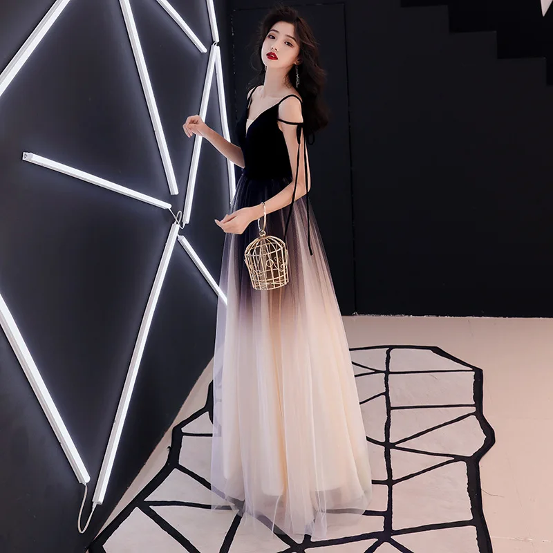 Elegant V Neck Gradient Color Evening Dress 2020 Fashion Lace Spaghetti Strap Long Evening Gowns for Women Real Photo