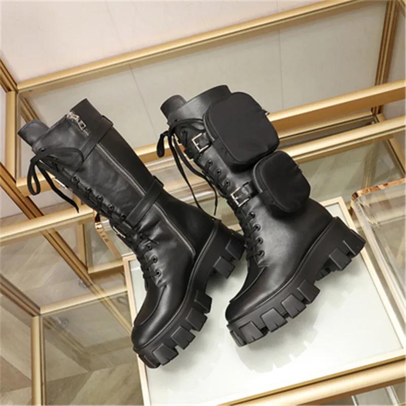 Women Boots Winter Leather Mid-calf  Shoes Platform Increase Zip Belt Bag Women Goth Dark Owen Female Sneakers Brand