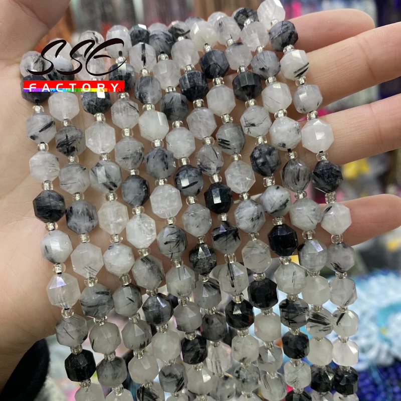 Natural Stone Faceted Black Quartz Crystals Loose Spacer Charms Beads for Jewelry Making Diy Bracelets Accessories 8mm 15 Inches