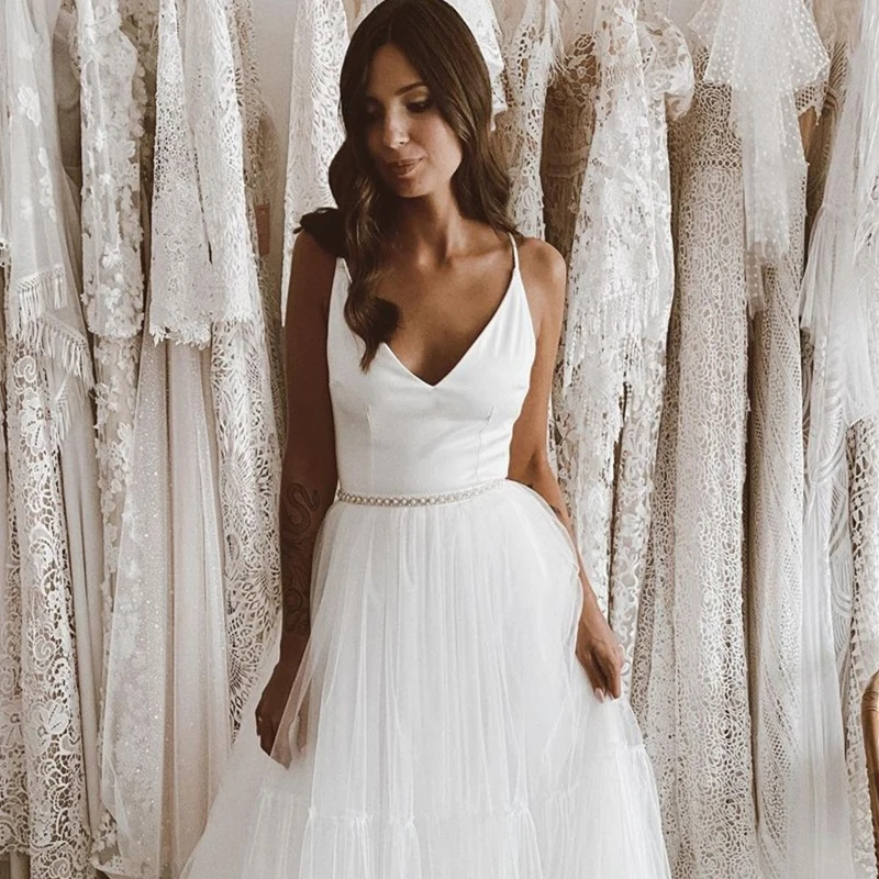 Vestido de casamento com decote em v cinta de espaguete até o chão sem mangas vestidos de noiva cinto de tule para mulher vestido de noiva robe de mariee