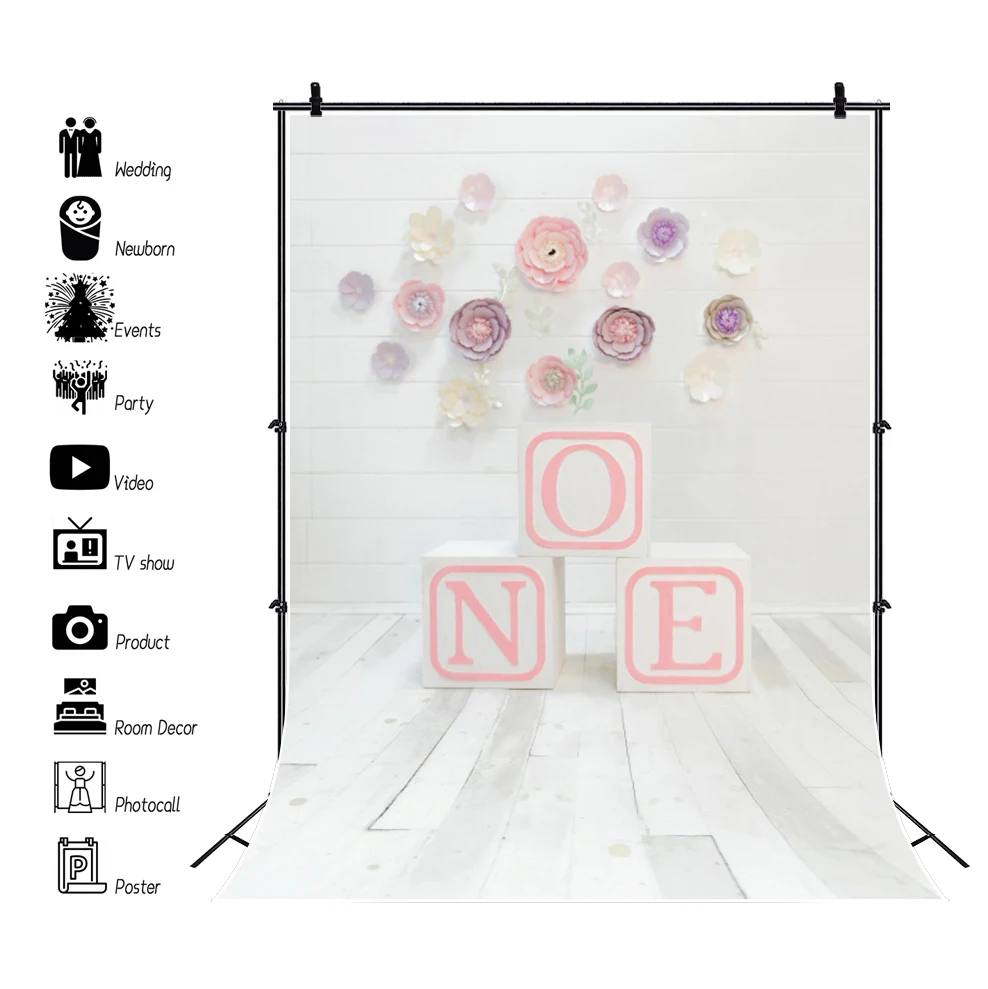 Laeacco 1st Birthday Party Photography Background Colorful Floral Chic Wall Wooden Board Floor Newborn Baby Photo Backdrop