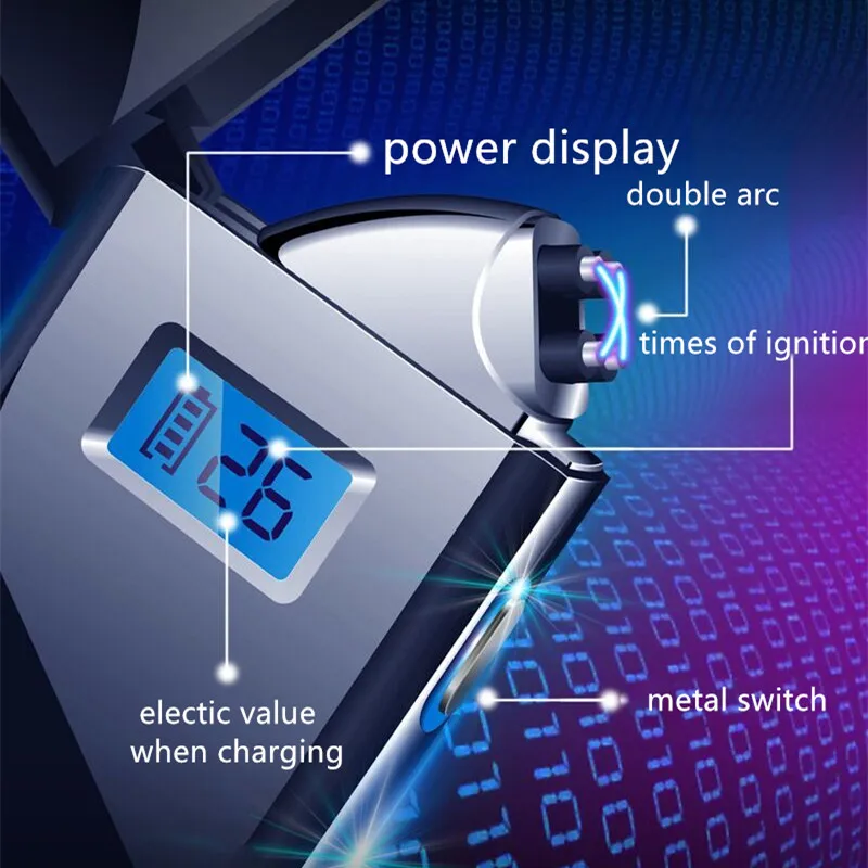 Double Arc Plasma Smart Lighter, Dual Flameless Cigarette, Rechargeable,  Metal Power Display