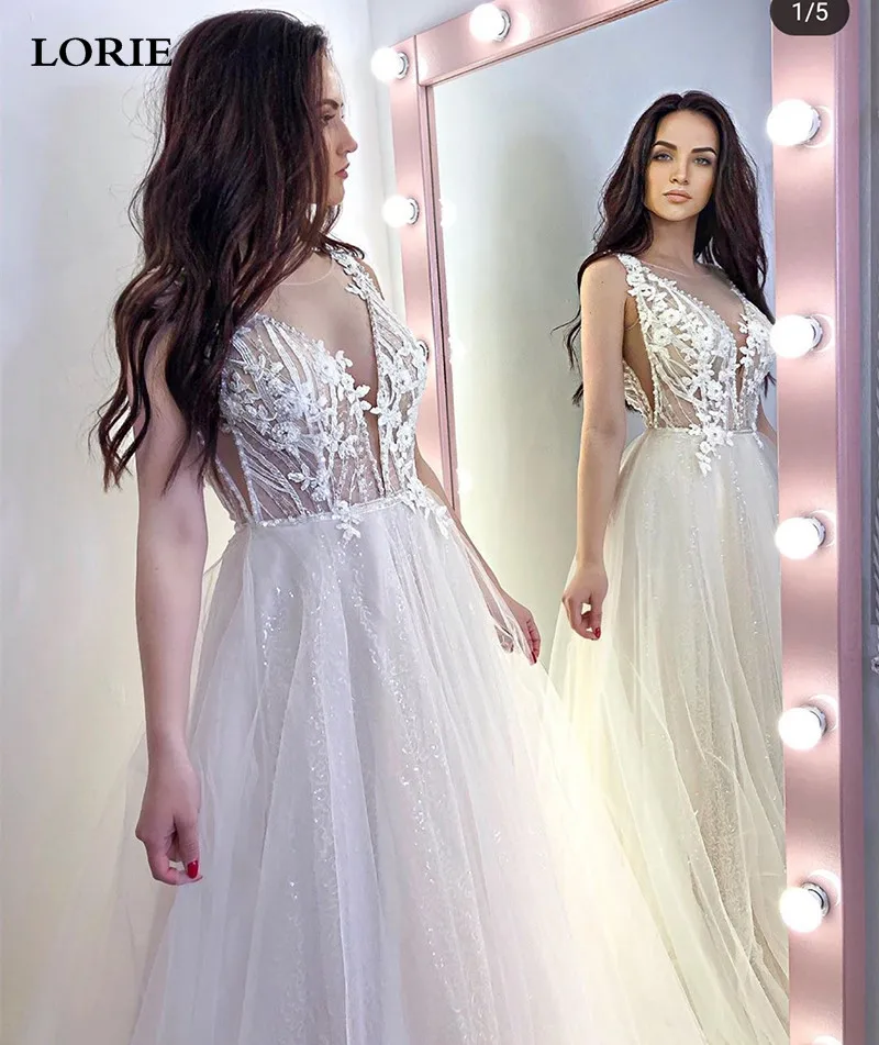 LORIE-vestido de Novia de encaje de princesa, línea A, tul brillante, Sexy, Espalda descubierta, talla grande, 2020