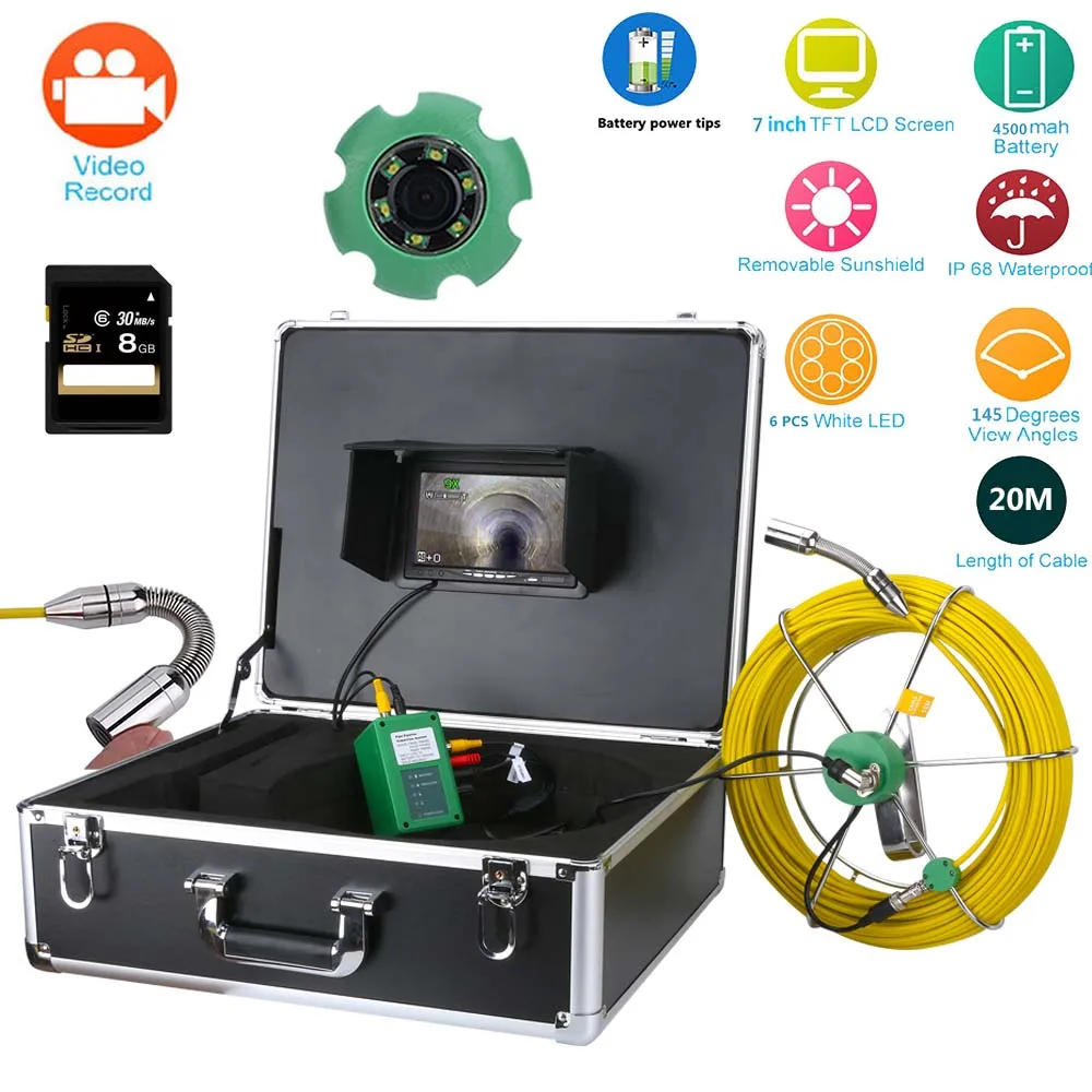 

20M IP68 Waterproof Drain Pipe Sewer Inspection Video Camera System 7inch LCD DVR with 6W LED Night Vision & 8Gb SD Recording