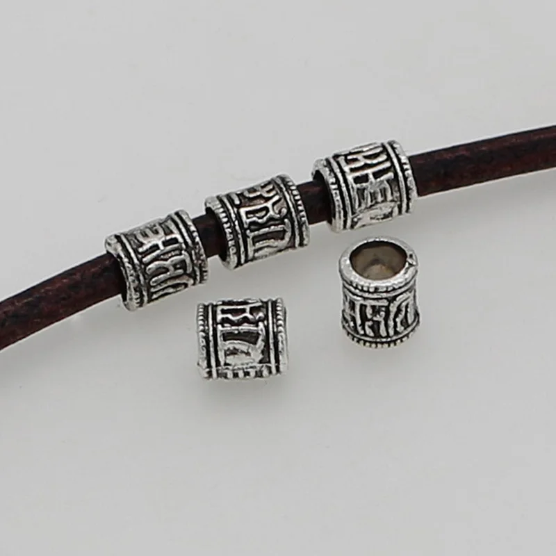 50pcs/Lot Religious Antique Silver Color Loose Beads Buddhism Mantras Big Hole Space Beads Fit Beards/Hair Bracelet DIY Jewelrys