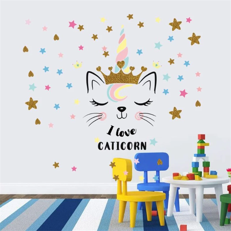 Golden Crown Unicorn Wall Sticker Modern Mural Home Decoration Art Rooms PVC for Kids Pattern Single-piece Package