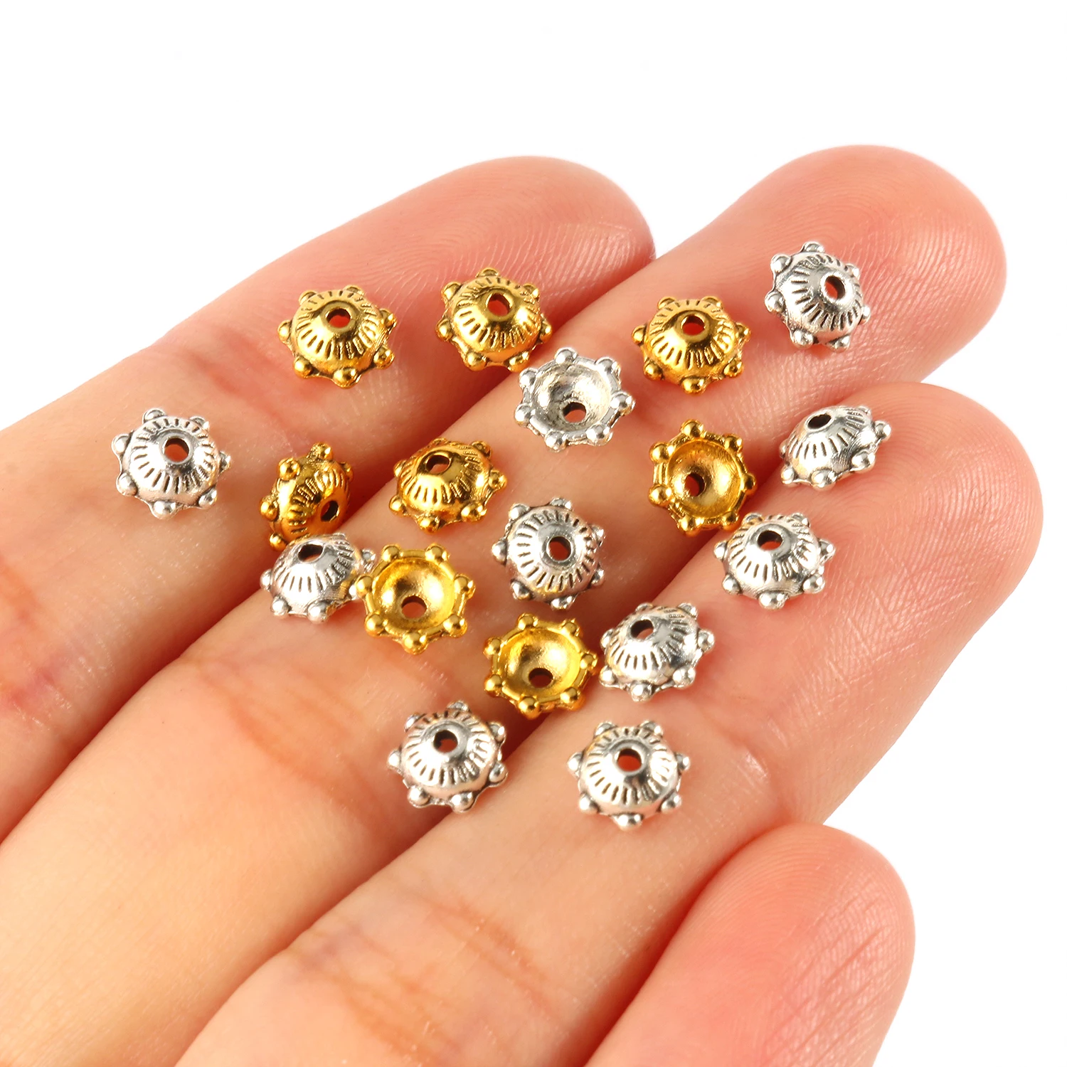 Antike Gold- und Tibet-Silberfarbene Perlenkappen, Endkappen, Blumenperlen, Handarbeiten für Schmuckherstellung, Zubehör für DIY-Projekte – Detail 12
