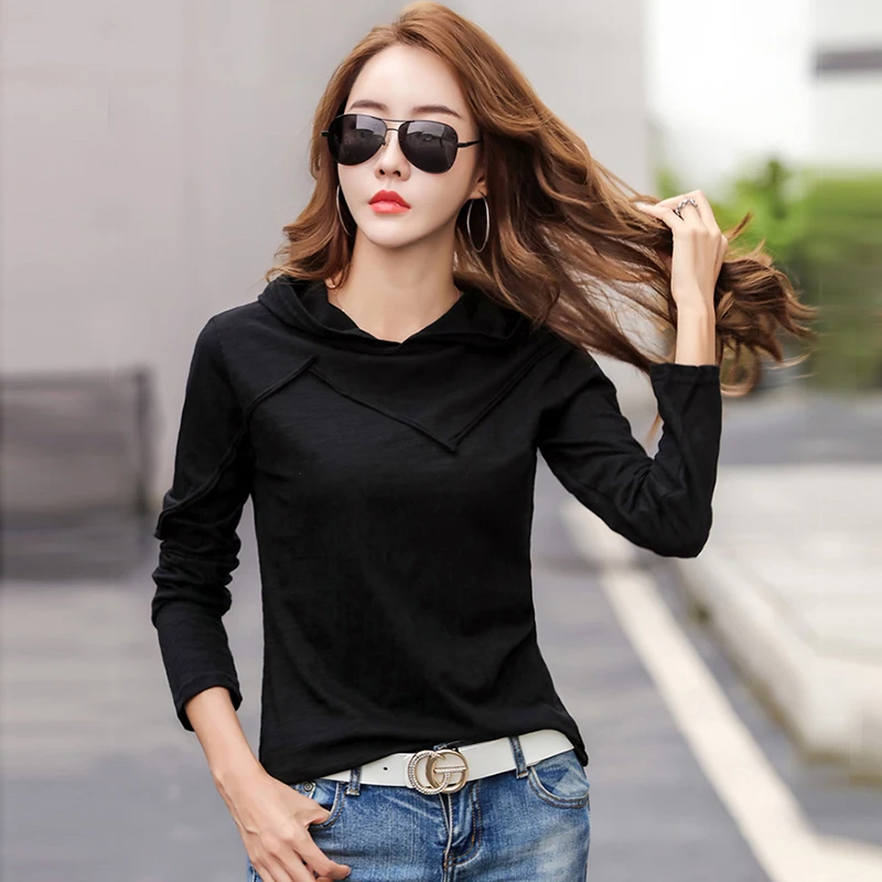 Long Sleeve Hooded T-shirt Bamboo Cotton Autumn Winter Tops New 2024 T Shirt Women Casual Patchwork Tee Shirt Femme White Black