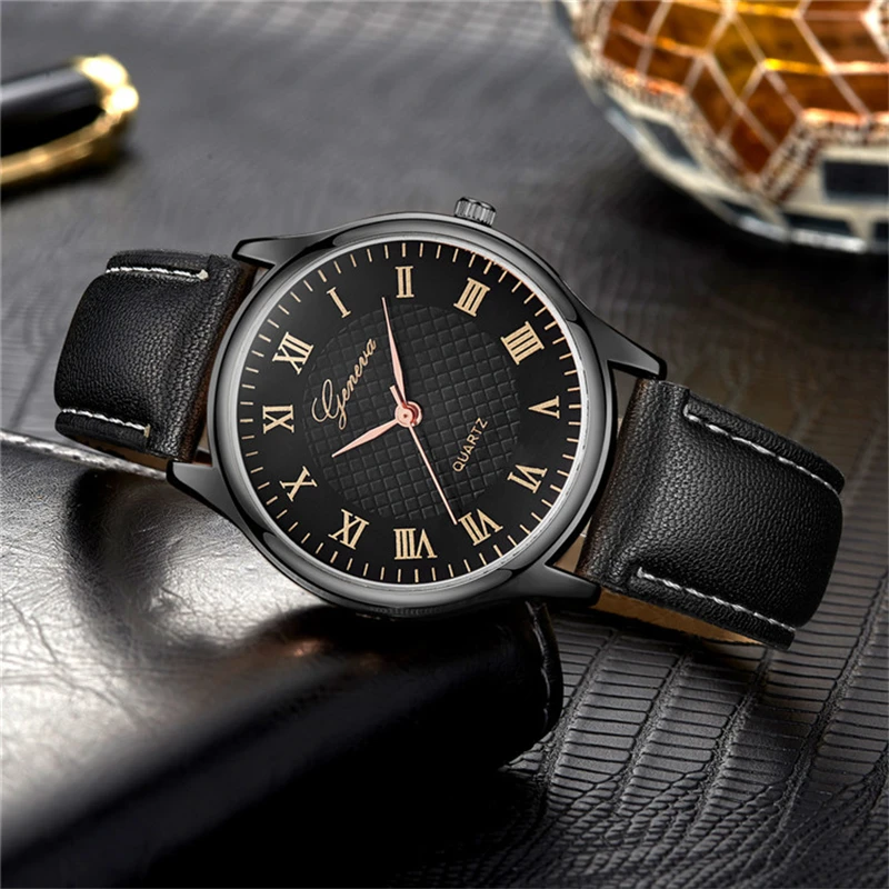 GENEVA Fashion Wristwatch Black Dial Leather Strap Men Waterproof Outdoor Watches Business Quartz Clock Male Relogio Masculino