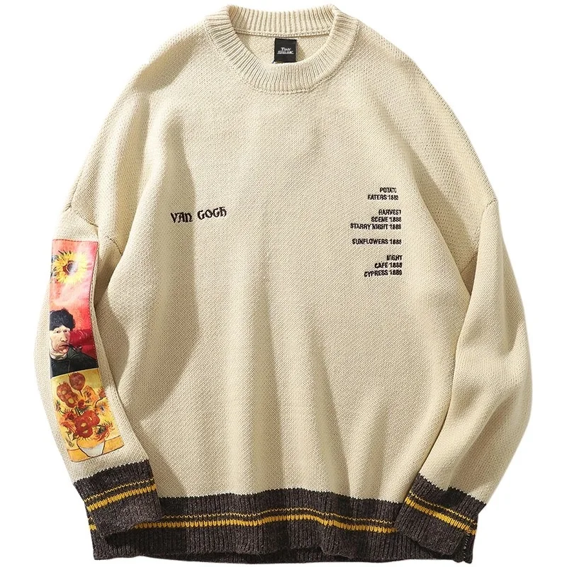 Crewneck Sweater Men Fashion Gengar Brand Van Gogh Human cargo Clothing Harajuku Hip Hop Vintage Knitted Sweater Y2K Pullovers