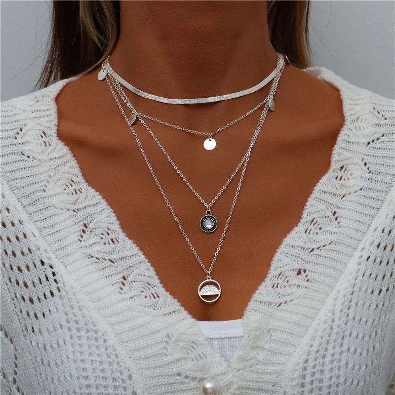 Tenande Bohemian Mehrschichtige Halskette für Frauen Vintage Wassertropfen Münze Stern Mond Anhänger Halskette Geometrisches Collier Collares – Detail 17