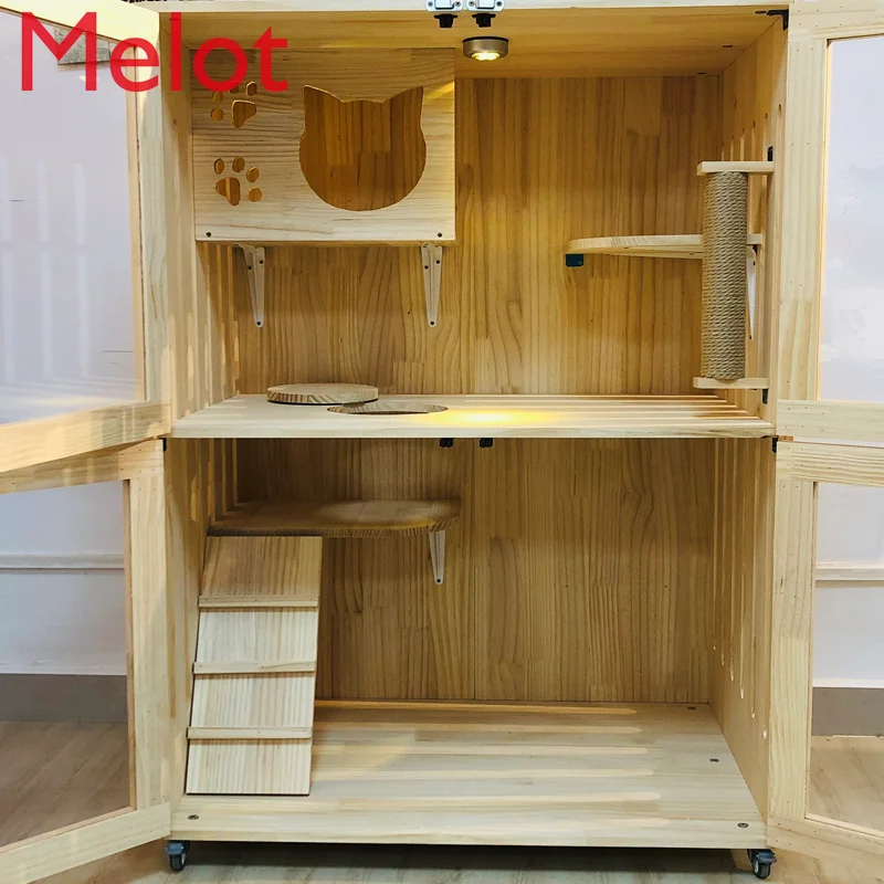 Solid Wood Cat Nest Cat Villa Solid Wood Cat Cabinet Cat Cage Two-Layer Practical Medium Pet Cage Cattery Cat Cage Cat