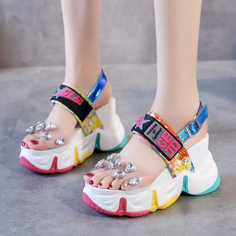 Summer Women Sandals Fashion Transparent Diamond Wedge Sandal Rhinestone High Heels Chunky Platform Shoes Woman