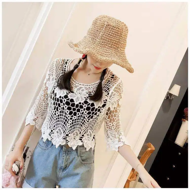 Blouse Women Skirt Shawl Women\'s Pullover Short Summer Knitted Hollow Lace Blusas Ropa De Mujer