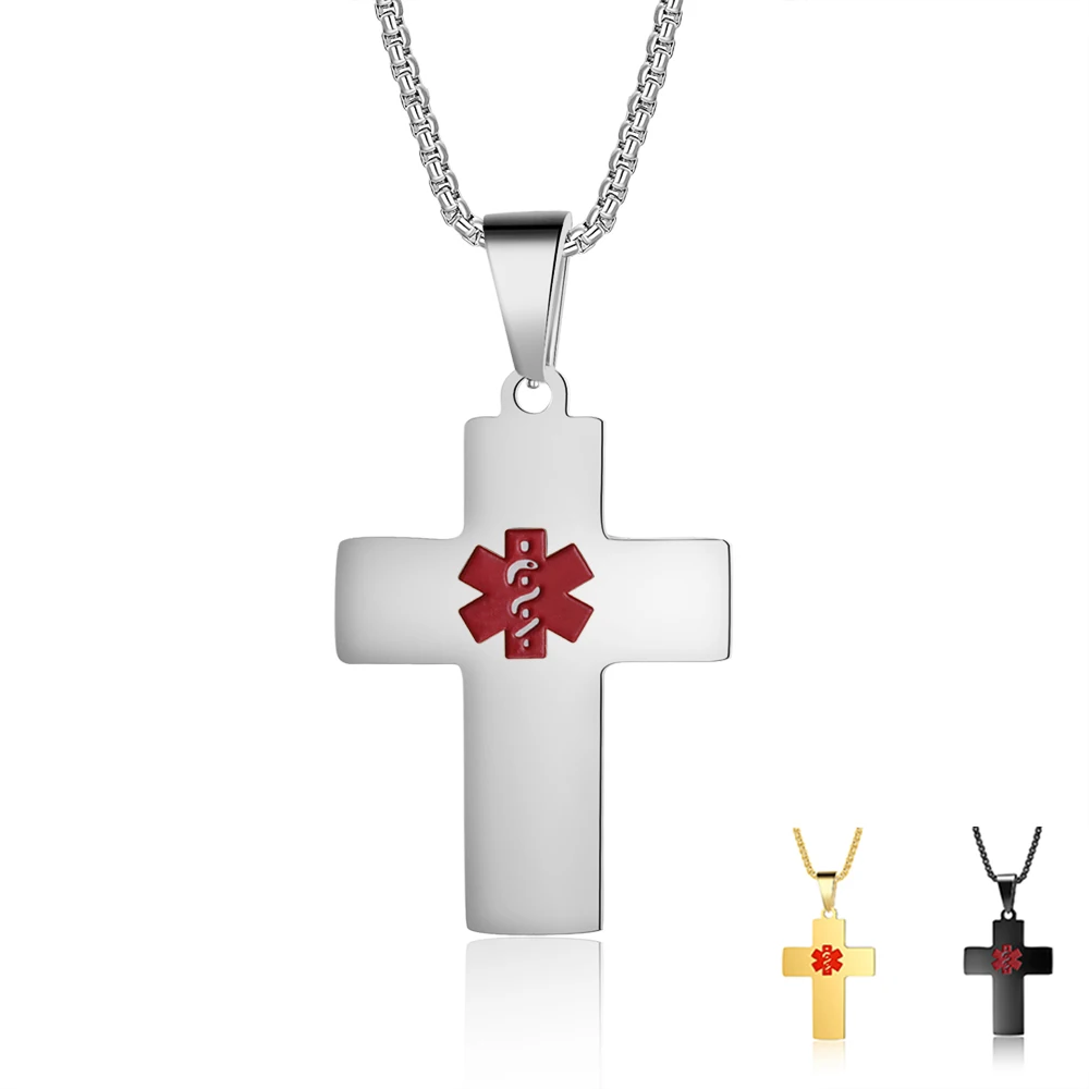 Medical Alert Necklaces Personalized Stainless Steel Emergency Jewelry Cross Necklaces for Women 3 Colors Engraving Tag Pendant