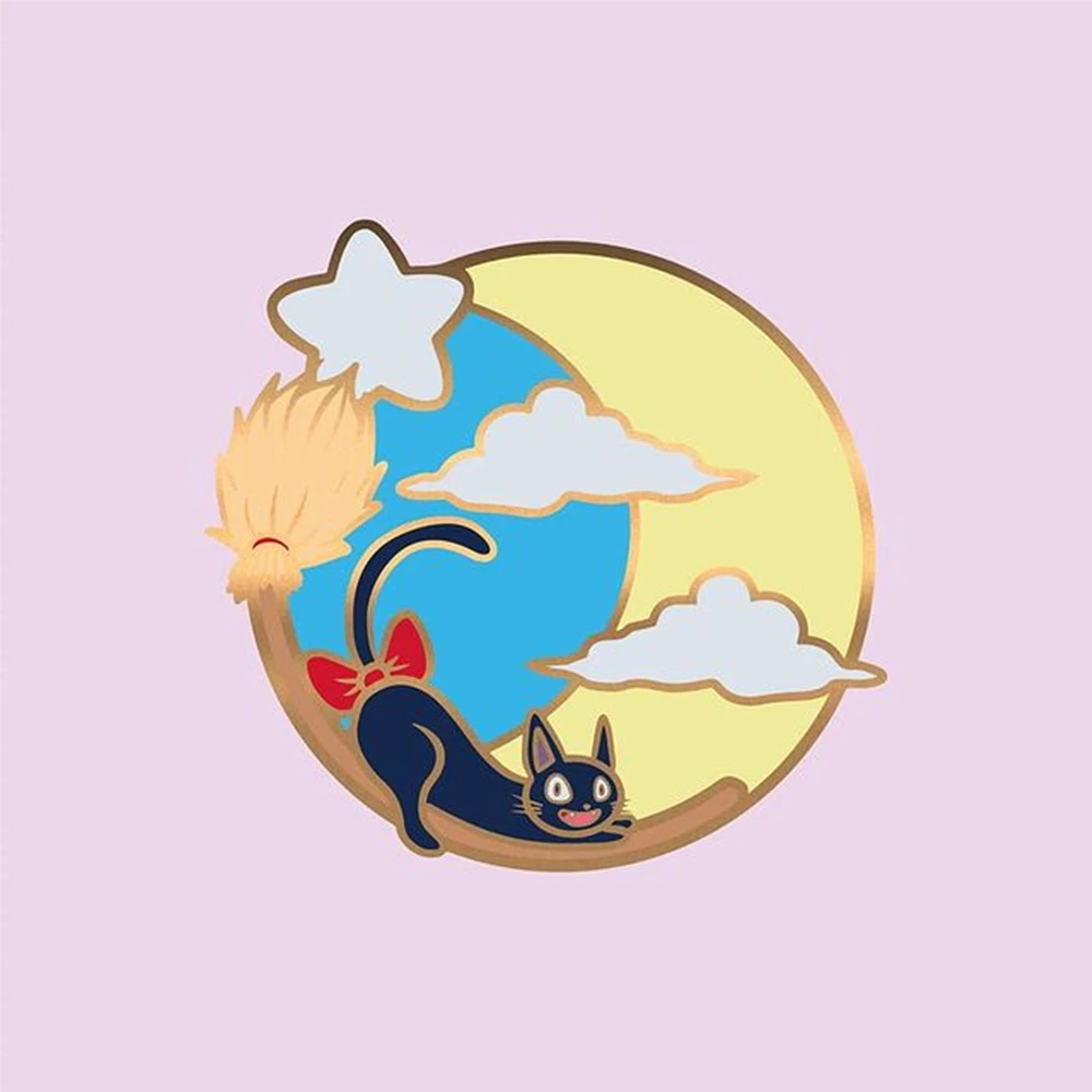 Cute Black Cat Jiji Hard Enamel Pin Kawaii Moon Flying Broom Kitty Medal Brooch Anime Movie Fans Badge Halloween Jewelry Gift