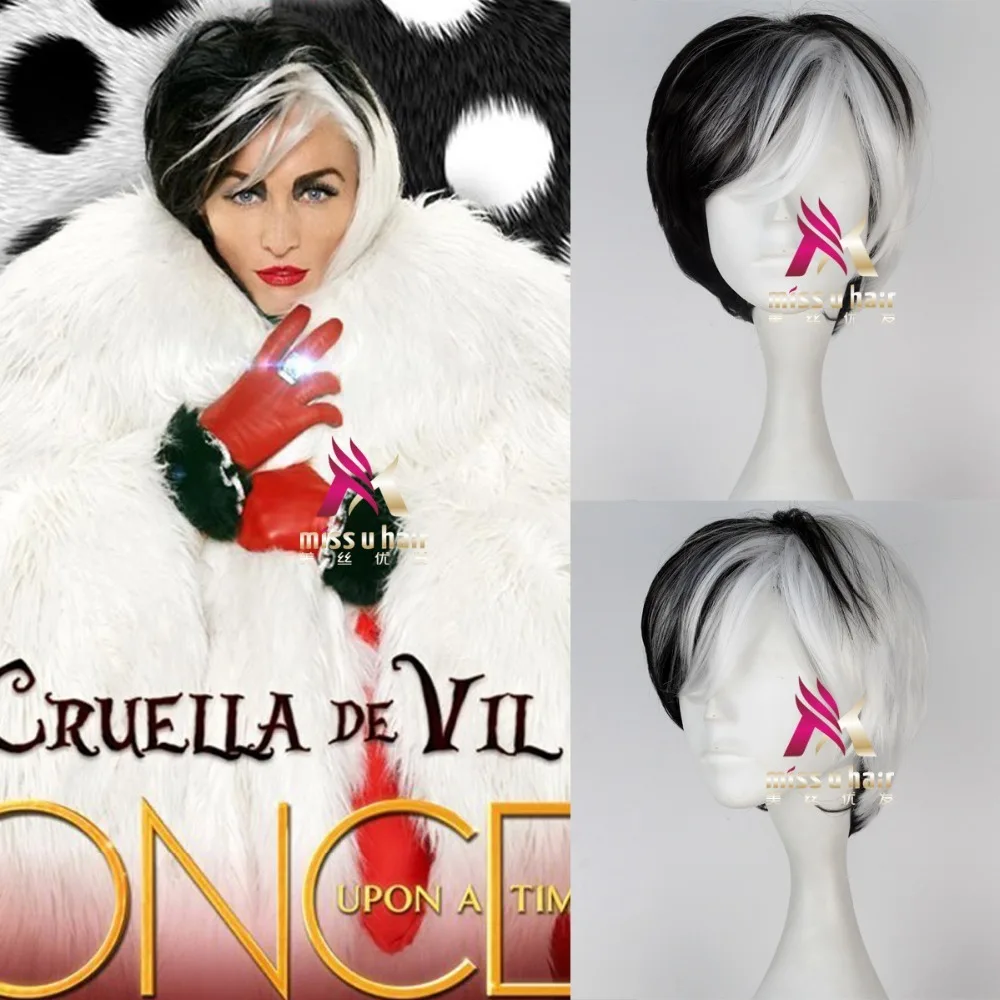 

Deville Cruella De Vil Cosplay Wig One Hundred and One Dalmatians DeVil Wigs Half White Half Black Layered Cosplay Wig +wig cap