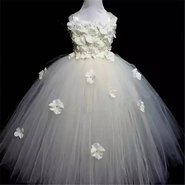 Girls White Fairy Flower Petals Tutu Dress Kids Tulle Dress Ball Gown with Hairbow Children Birthday Wedding Party Costume Dress