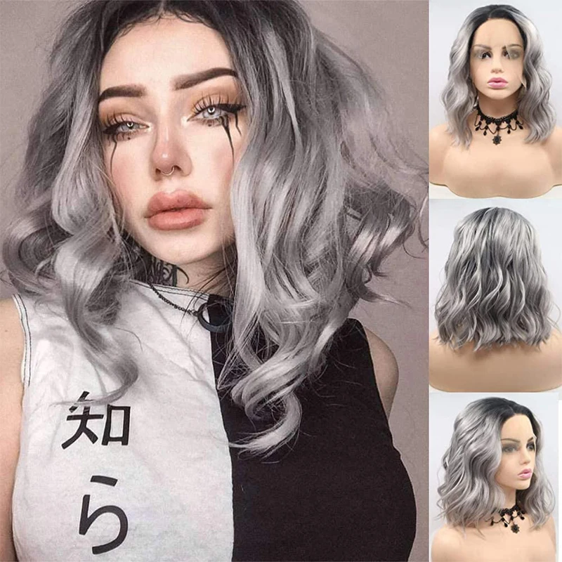 Ombre Gray Lace Front Wigs for Women Dark Roots Short Wavy Grey Wigs for Women Silver Grey Short Wavy Synthetic Lace Short Wigs