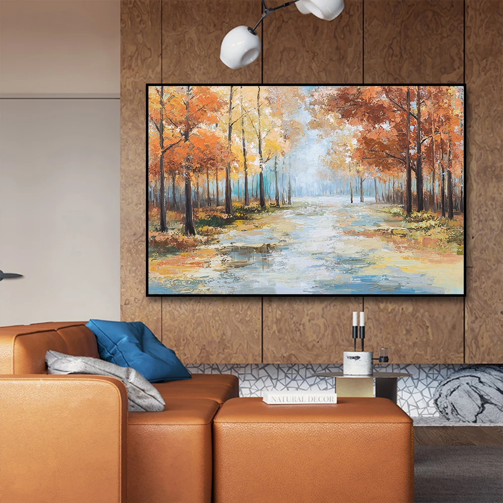 

Hand-painted Autumn Landscape Oil Painting Handmade Abstract Mapel Tree Wall Art Canvas Painting for Livingroom Wall Home Decor