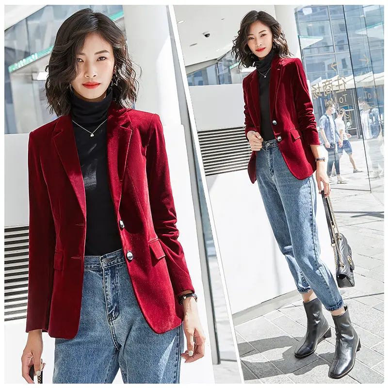 PEONFLY 2024 Spring Autumn New Suit Coat Women Fashion Slim Velvet Long-sleeved Suit Jacket Female Casual  Blazer