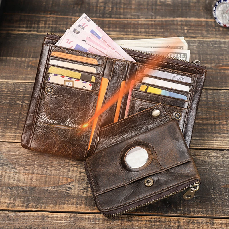 Crackle Oil Leather Short Bifold Wallets Men Quality Male Removable Wallet with airtag Clutch Slim Coin Pocket Card Holder Purse