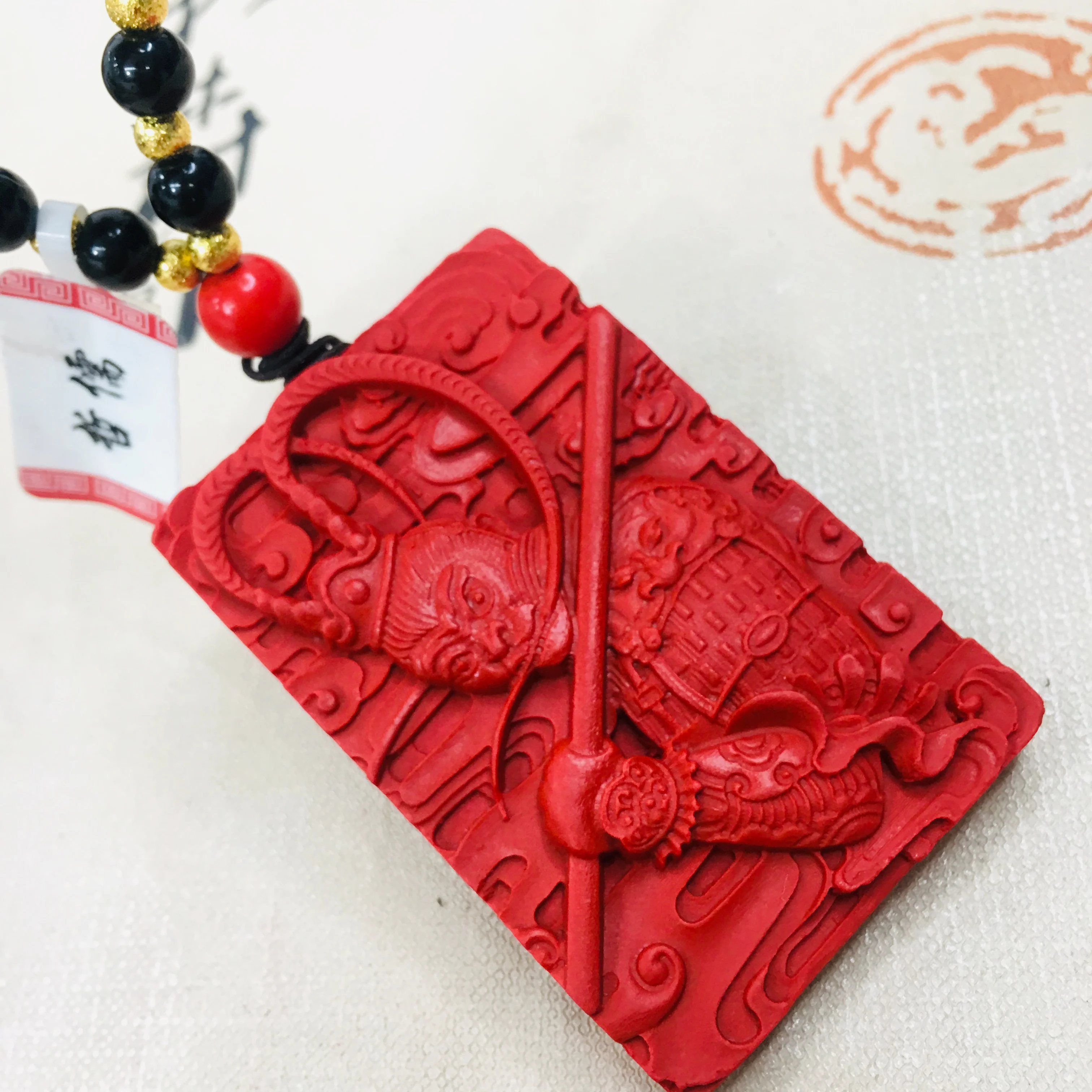 Zheru Jewelry Natural Vermilion Carved Sun Wukong Pendant with Tri-Color Bead Necklace Male Sweater Chain