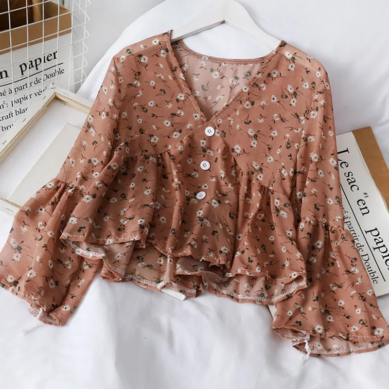 Women's Fashion V Neck Floral Print Blouses Sweet Fresh Long Sleeves Chiffon Shirt Tops