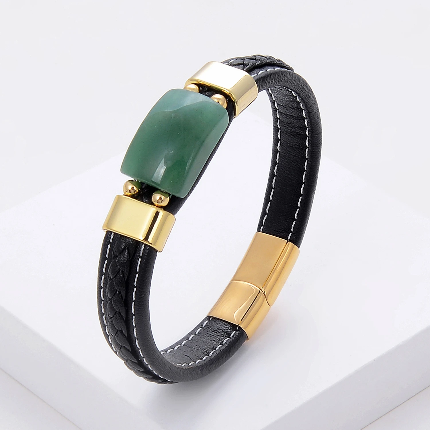 Pulseira feminina de pedra natural de alta qualidade, charme de couro trançado preto, pulseira de cordão, joia artesanal de moda, presente