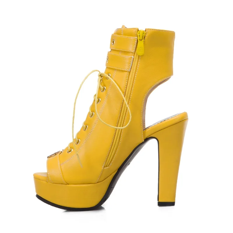 Lasyarrow Women Ankle Boots Open Peep Toe Shoes Thin High Heels Shoes Buckle Platform Short Boots Cross Tied Footwear Size 46