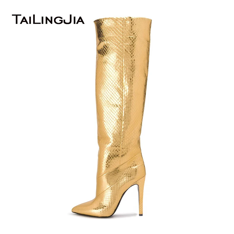 High Heel Gold Knee High Boots 2019 Women Winter Autumn Shoes Woman Fashion Pointed Toe Heeled Long Boot Slip On Slouchy Boots