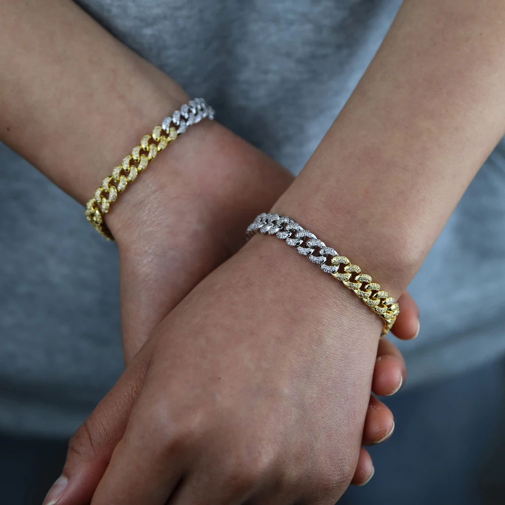2026 New European Women Chain Jewelry Two Tone Gold Color Half White Half Yellow Micro Pave CZ Cuban Bracelet
