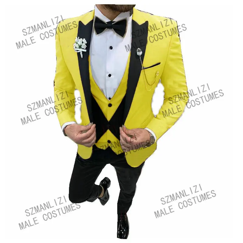 

SZMANLIZI MALE COSTUMES Men Wedding Suits 2022 Custom Made Slim Fit Yellow Party Suits For Men Groom Tuxedos Jacket Vest Pants