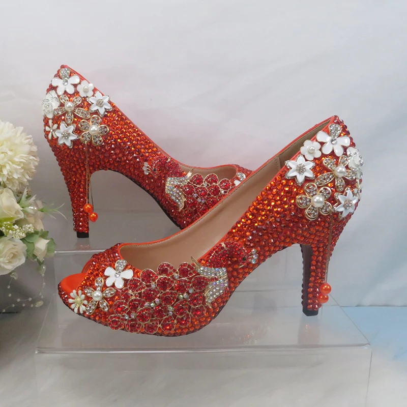 BaoYaFang Open Toe Orange crystal Peacock Crystal Bridal Wedding shoes and bag set Women Fashion High heel platform shoes Ladies