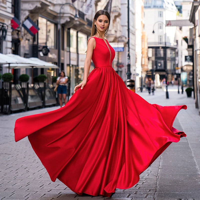 

Elegant Red/Black Evening Dress A-Line V-Neck Sleeveless Tank Straps Pleated Satin Long Prom Party Gowns Vestidos De Noche