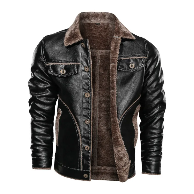 Men's Leather Jacket Spring Fashion Singal-Breasted Turn-down Collar Moto Style Lapel Plus Velvet Thick Top Large Size Washed