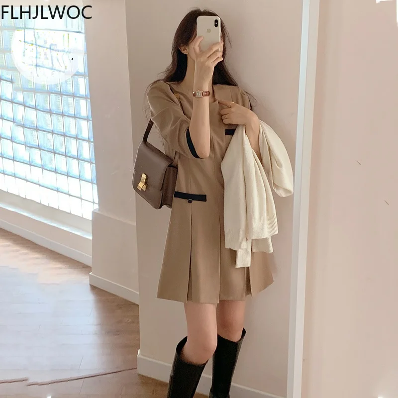 Retro Vintage French Fashion Style Hot Sales Feminine Vestidos Women Cute Sweet Girls Office Lady Solid Khaki Elegant Mini Dress